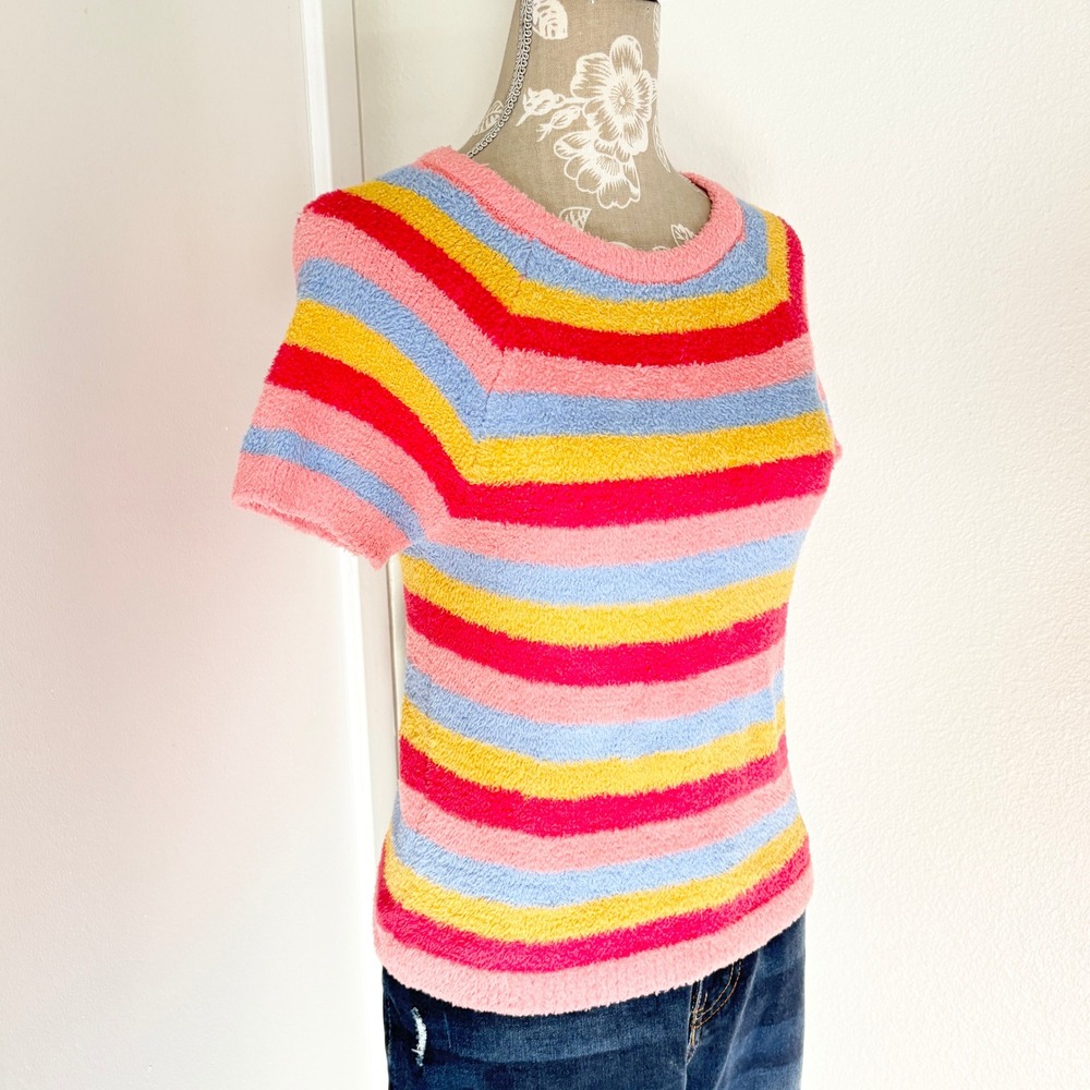 Forever 21 Striped Fuzzy Knit Top Size L Pink Yellow Blue Short Sleeve Sweater